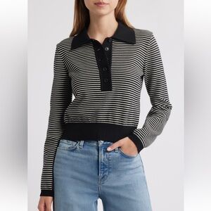 Frame Denim Black and White Striped Button Crop Sweater